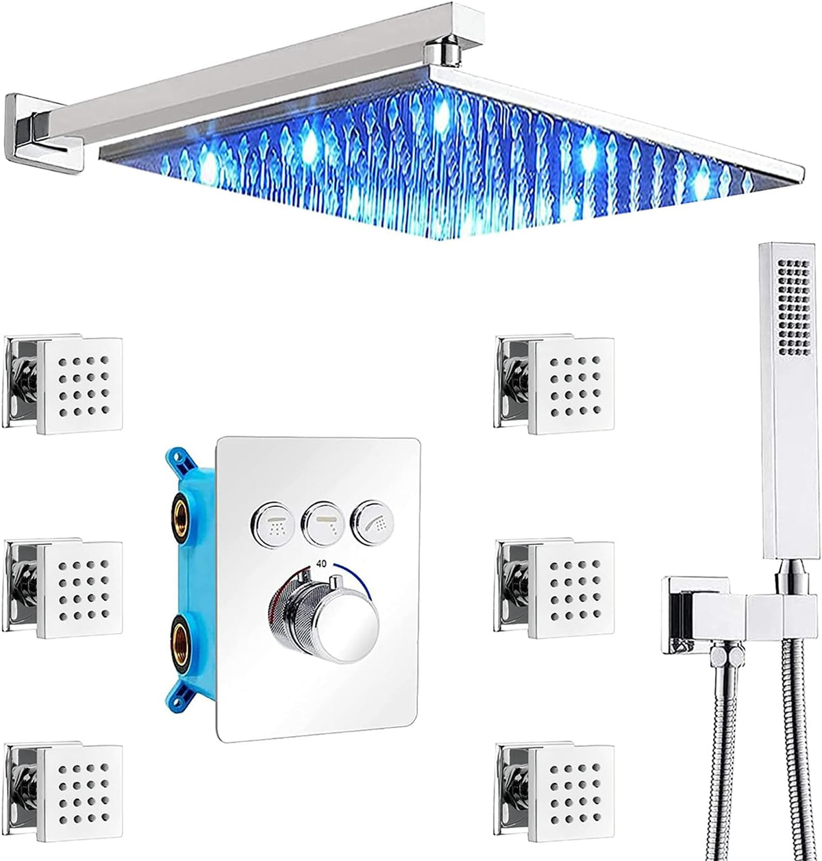 12 Inch Ceiling Rain Shower Head Combo System with Body Jets and Handheld, Matte Black Shower Faucet Fixture Set K7691