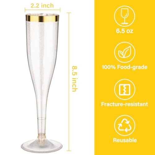 36 Pack 6.5 oz Gold Glitter Plastic Champagne Flutes with Gold Rim V244