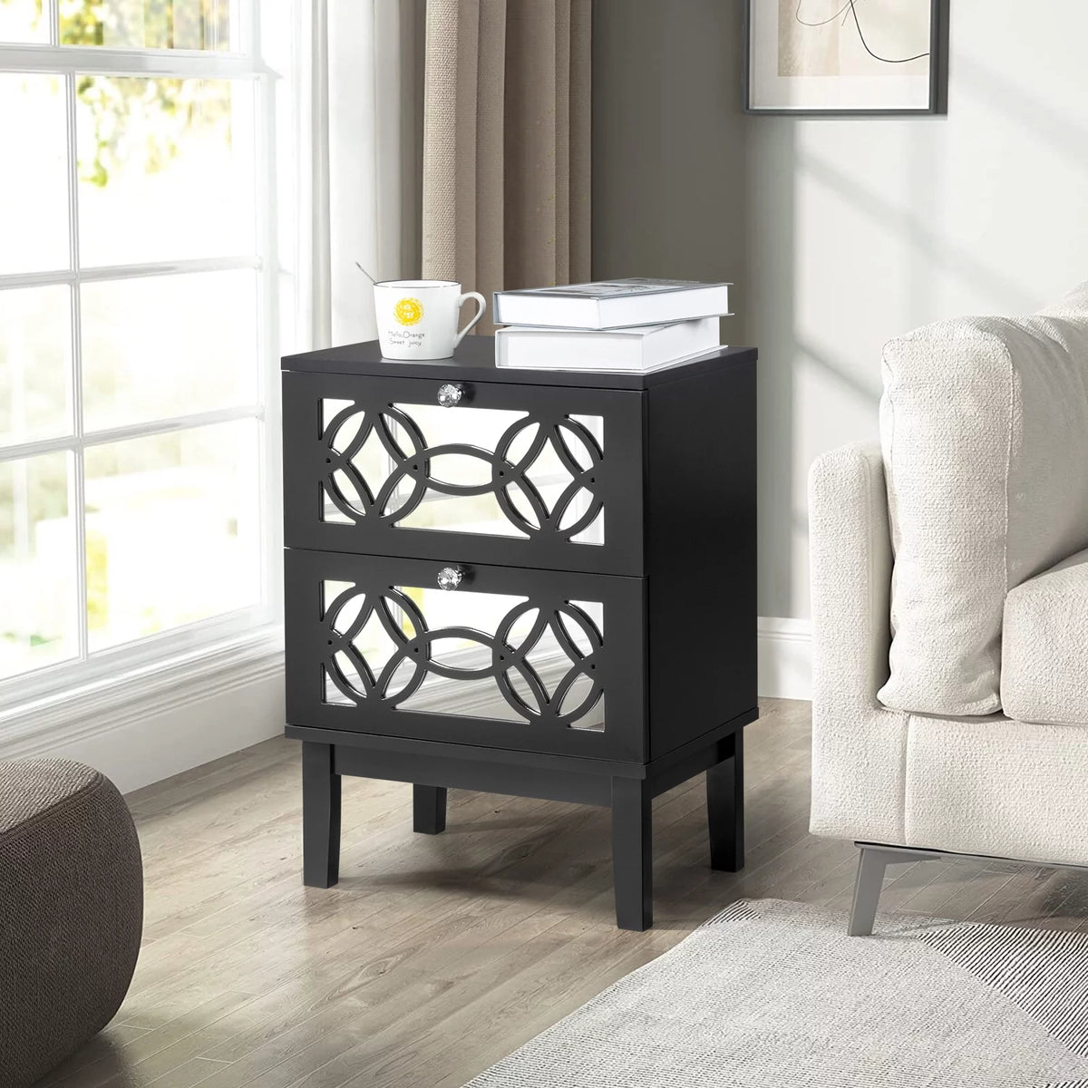 Black Modern Bedside Table with Storage Drawers and Smoked Mirror Q5613