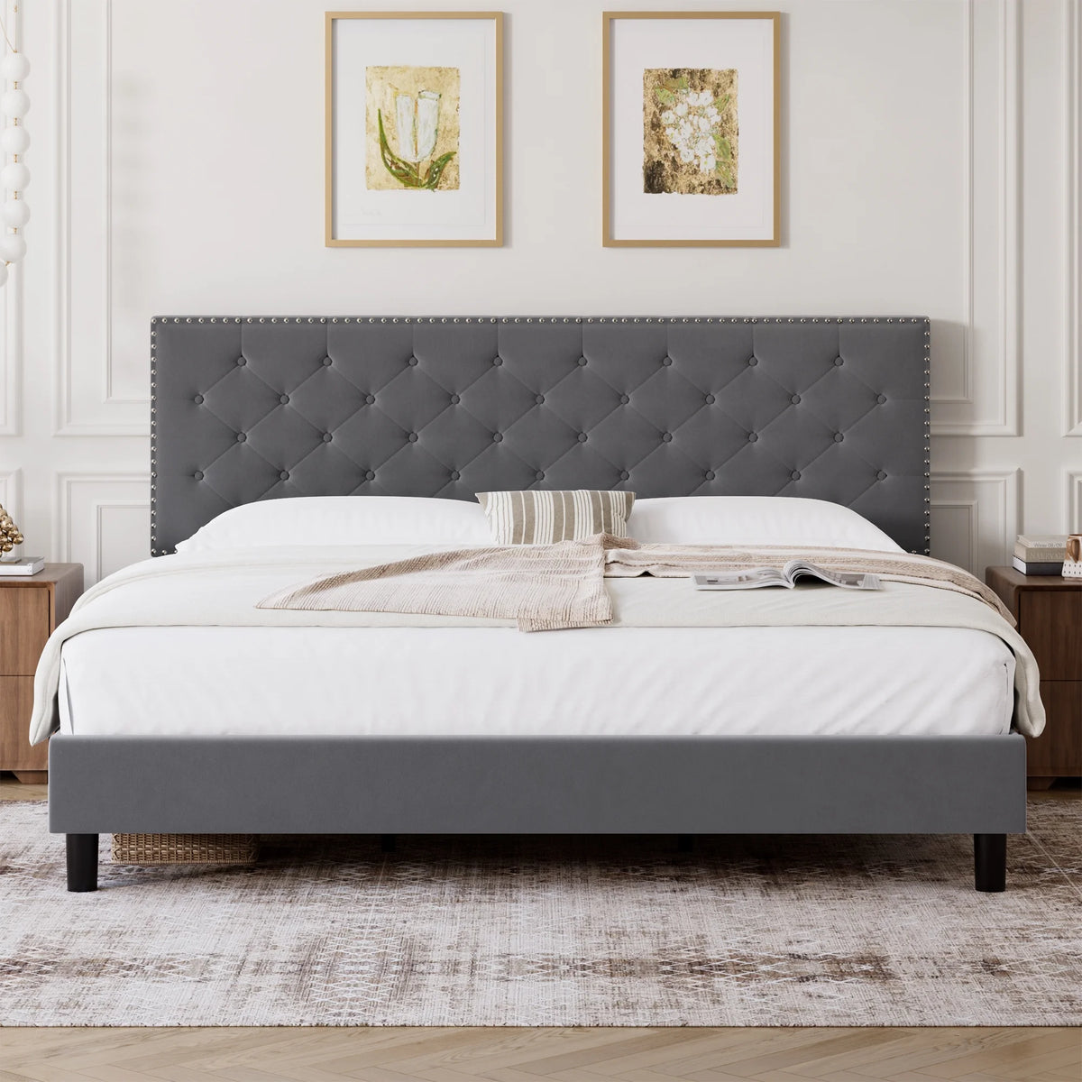King Size Upholstered Platform Bed with Adjustable Headboard B12988