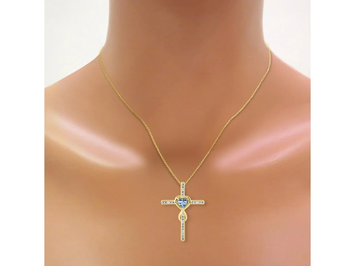 Yellow Gold Plated Silver Cross Necklace with Blue Topaz and Genuine Diamonds K157512