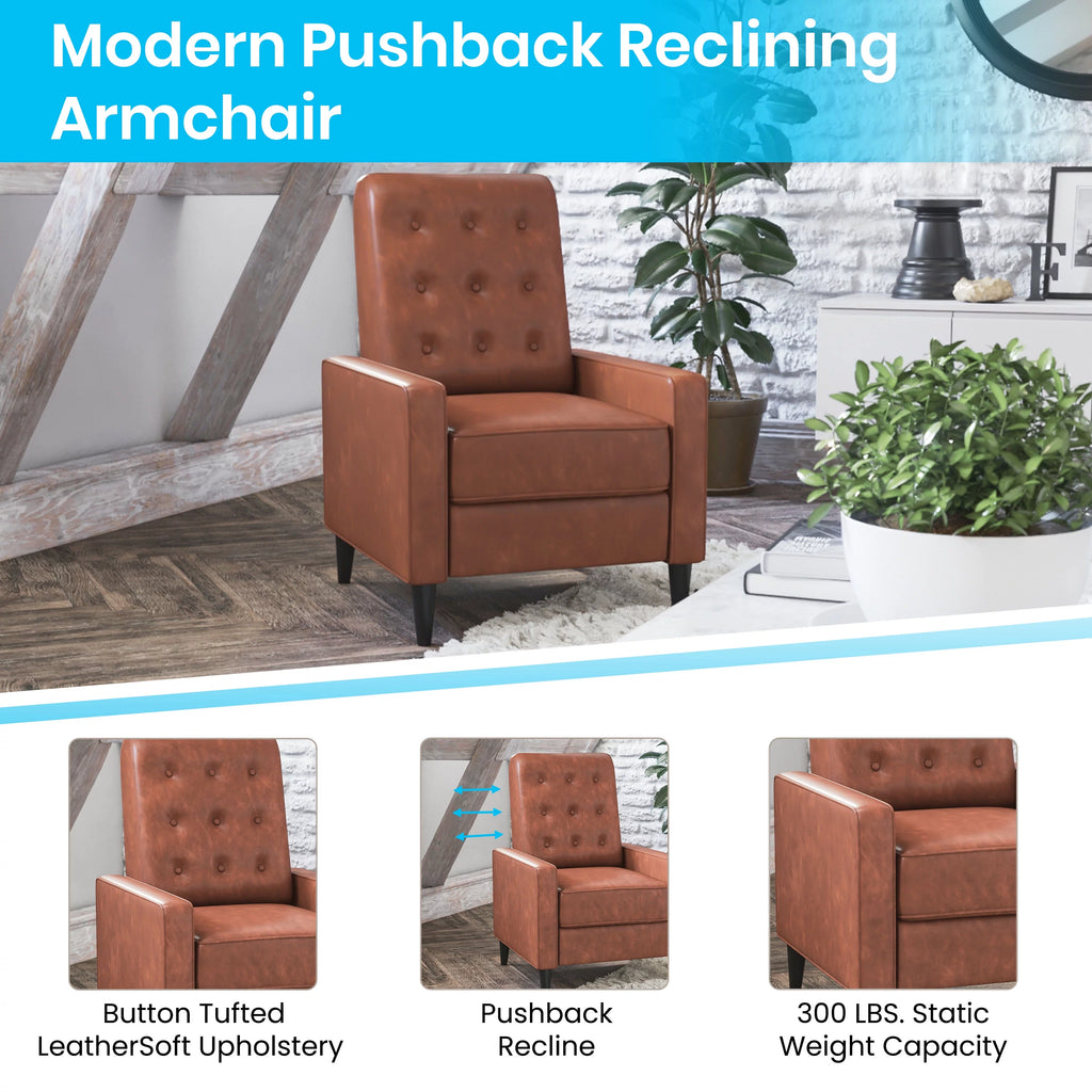 Cognac Brown Faux Leather Recliner with Wooden Legs V642459