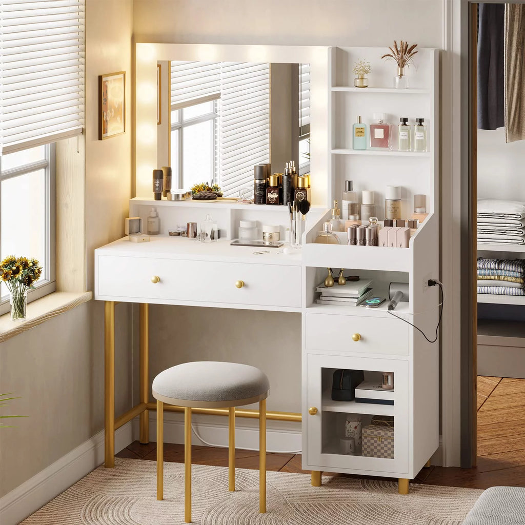 White Vanity Desk with Mirror and Lights and Drawers A317