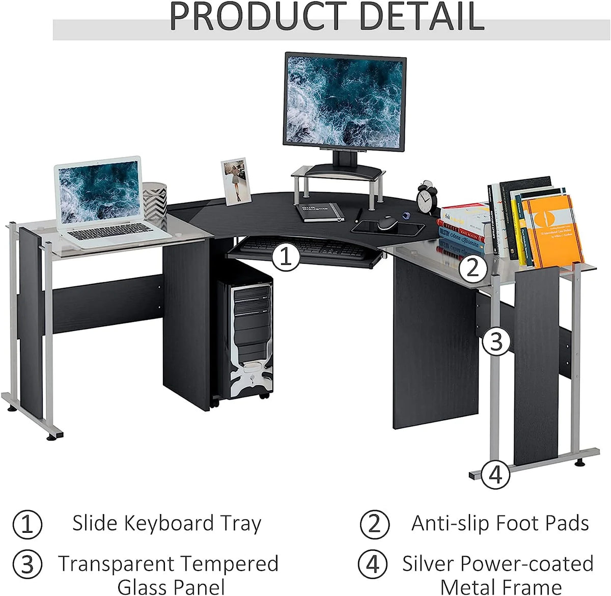 69" L-Shaped Tempered Glass Computer Desk with Monitor Stand Black A8107