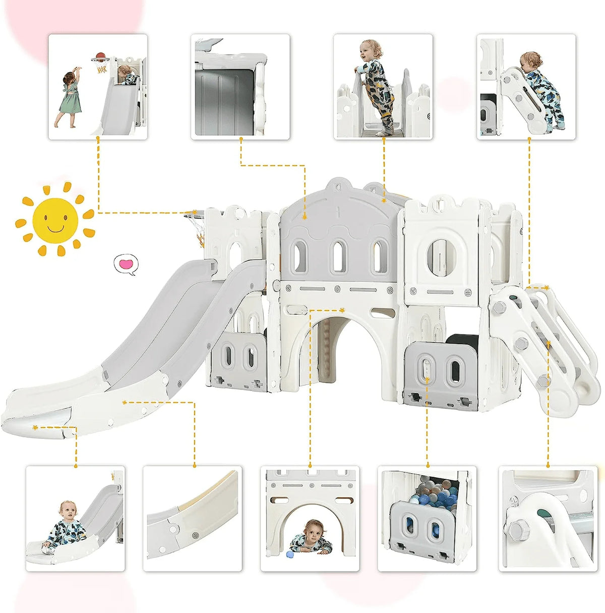 6 in 1 Kids Slide Set with Basketball Hoop and Tunnel, Green H7352