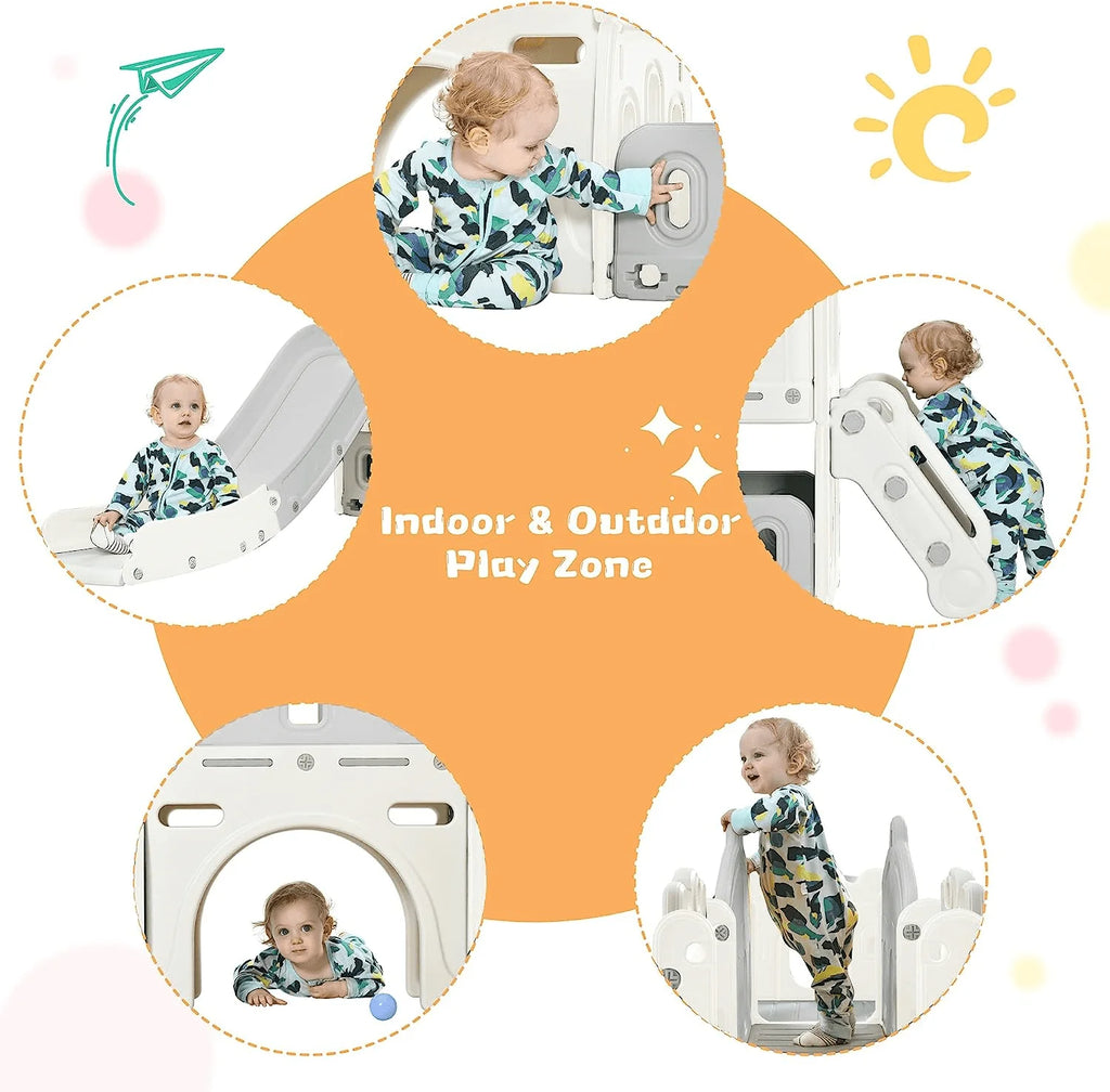 6 in 1 Kids Slide Set with Basketball Hoop and Tunnel, Green H7352