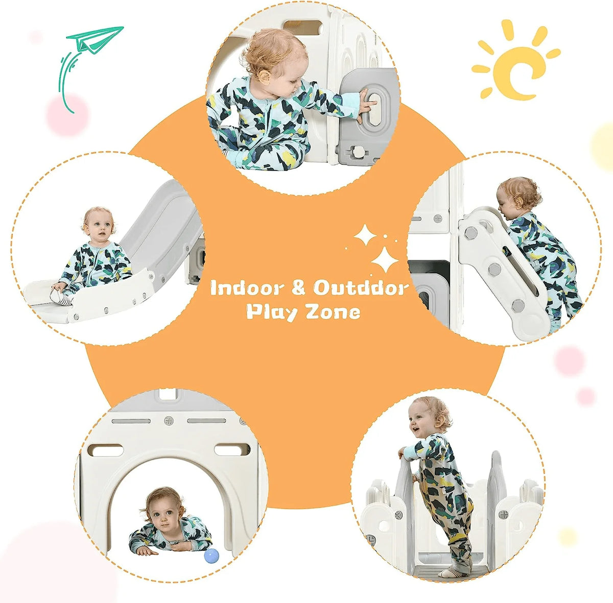 6 in 1 Kids Slide Set with Basketball Hoop and Tunnel, Green H7352