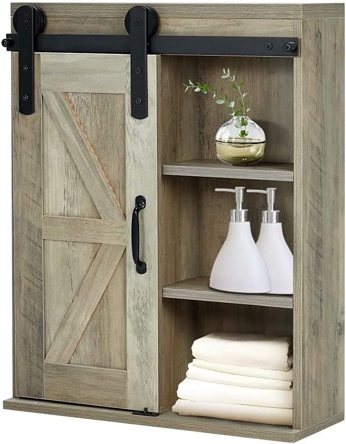 Wood Wall Storage Cabinet with Sliding Barn Door, 3-Tier Grey F26779