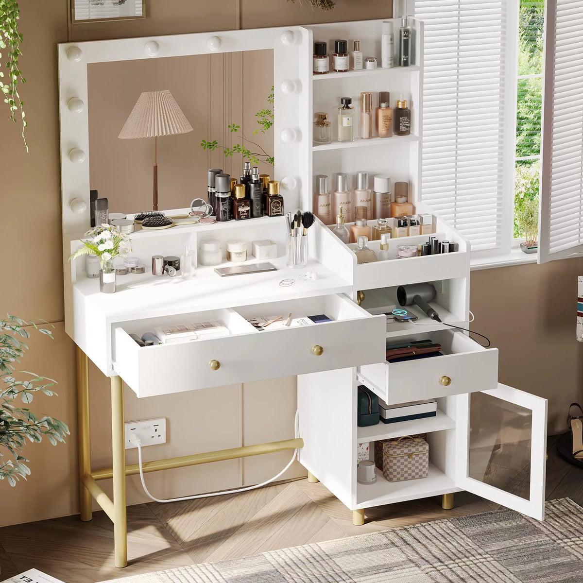 White Vanity Desk with Mirror and Lights and Drawers A317