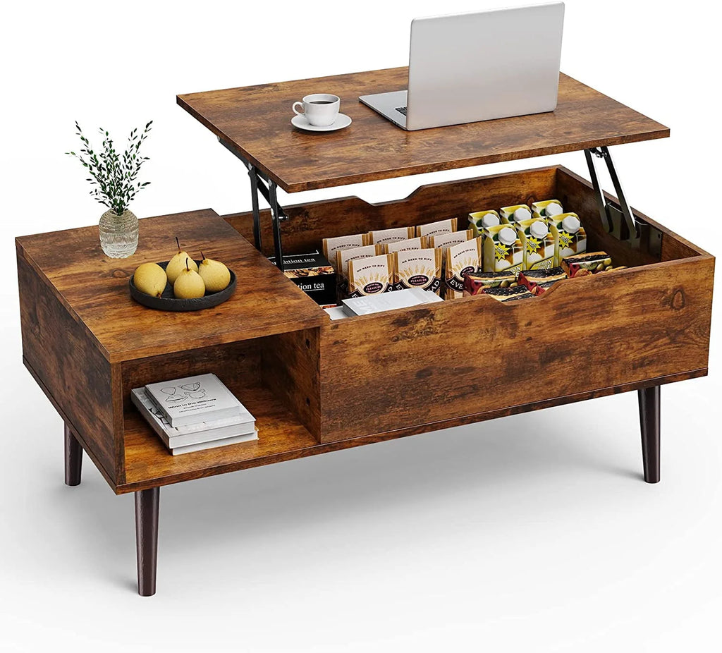 Adjustable Height Wooden Coffee Table with Hidden Compartments and Shelves C11128