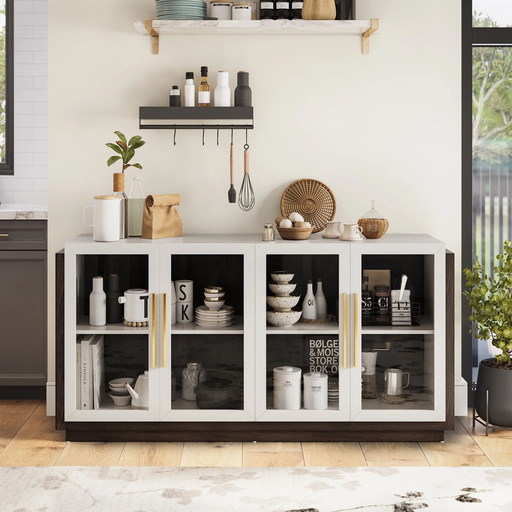 White Wood Glass Sideboard Buffet Cabinet with Storage I579688