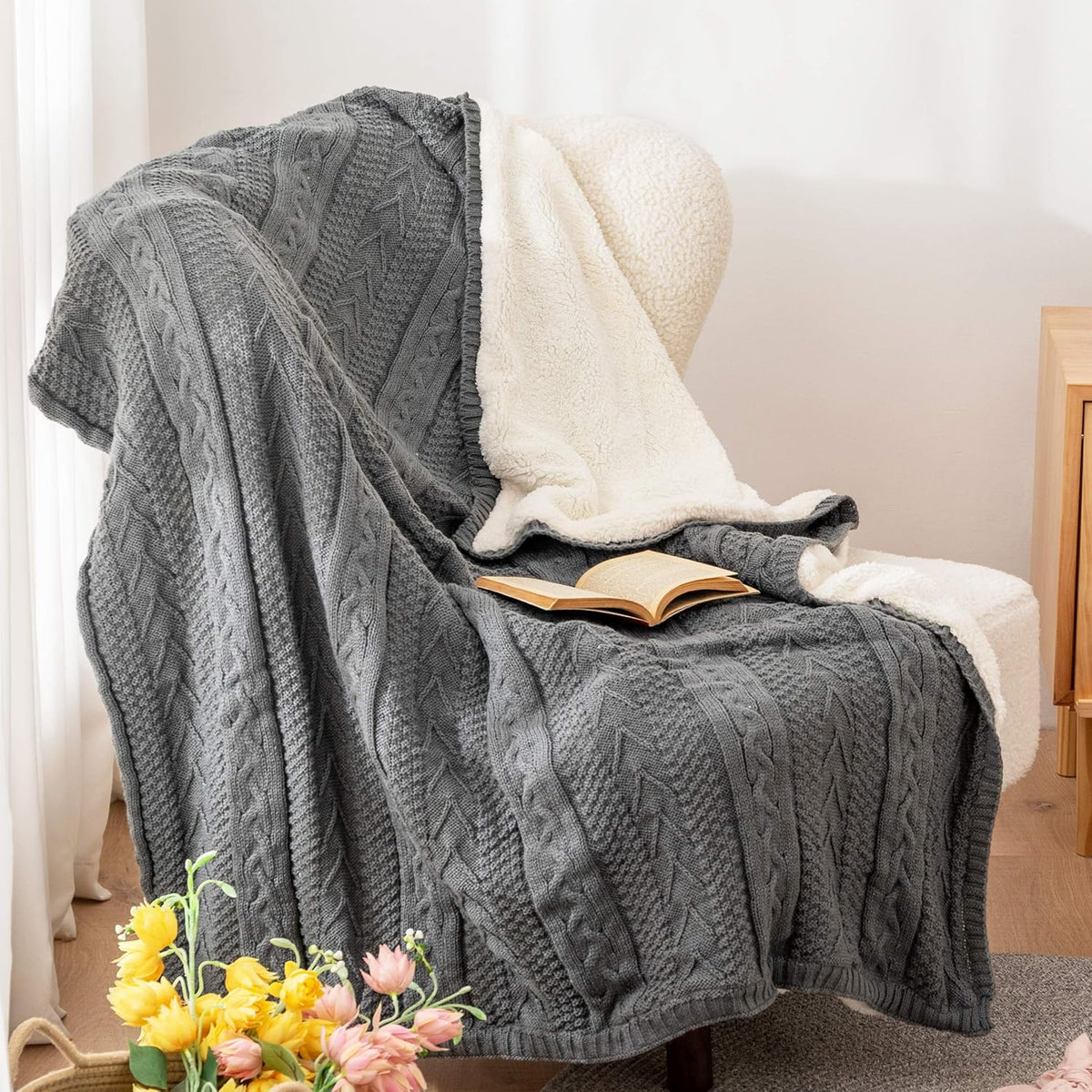 Cable Knit Sherpa Throw Blanket 50x63 Inch P899978
