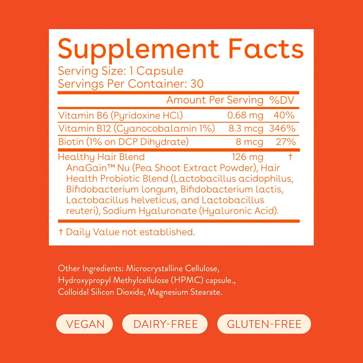 Healthy Hair Probiotics Supplement with Biotin and Vitamin B12 & B6 30 Capsules B776635