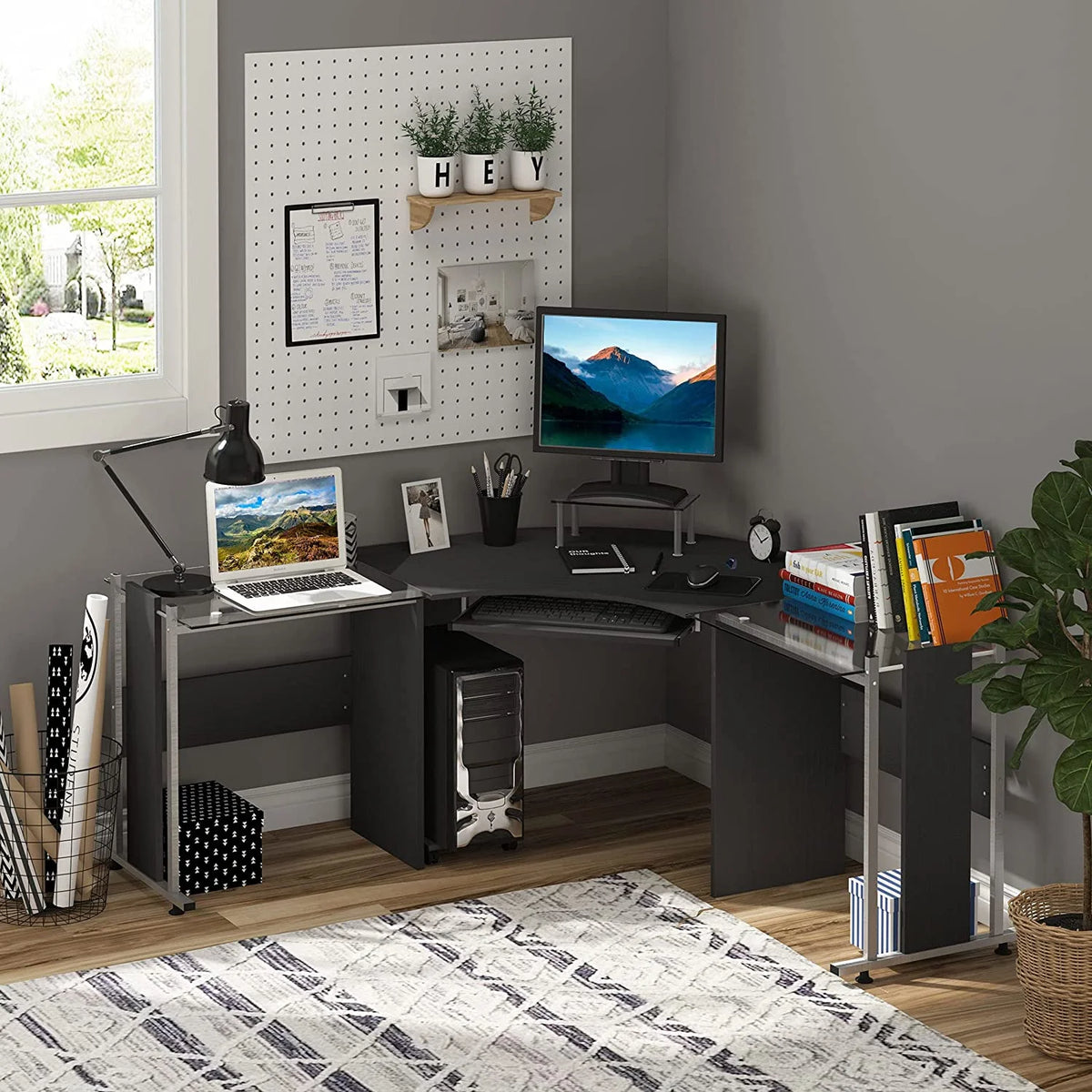 69" L-Shaped Tempered Glass Computer Desk with Monitor Stand Black A8107