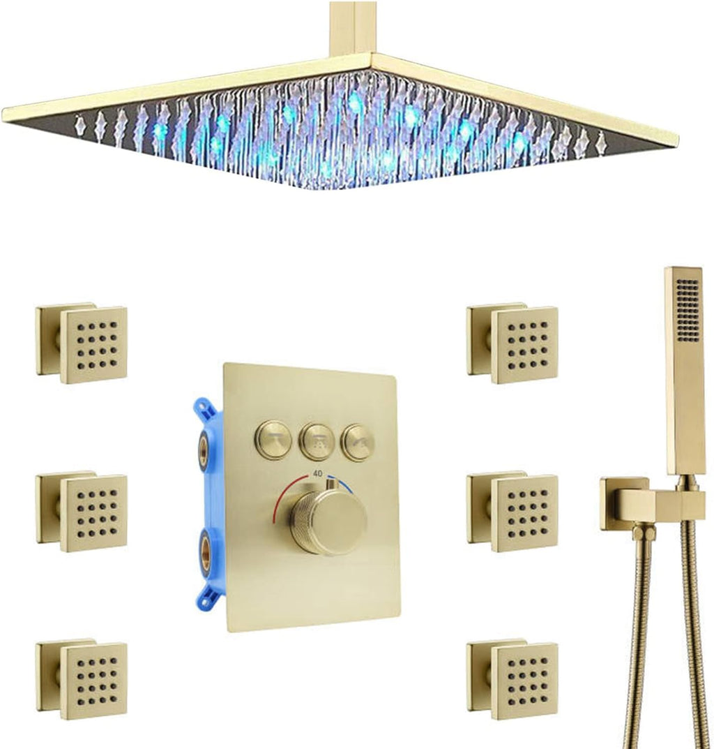 12 Inch Ceiling Rain Shower Head Combo System with Body Jets and Handheld, Matte Black Shower Faucet Fixture Set K7691