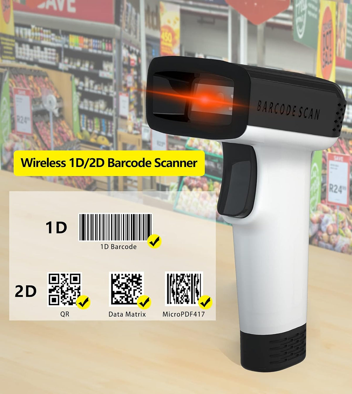 White Wireless Barcode Scanner with Vibration Alert V1481