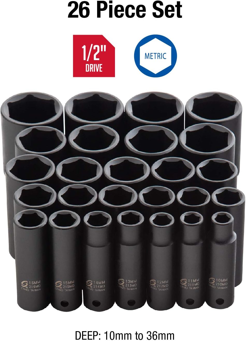 26-Piece 1/2 Inch Drive Deep Impact Socket Set Metric Cr-Mo Alloy Steel G825