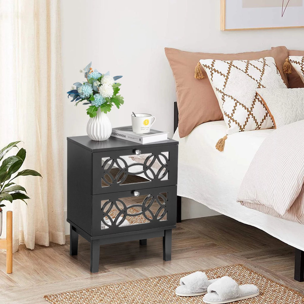 Black Modern Bedside Table with Storage Drawers and Smoked Mirror Q5613