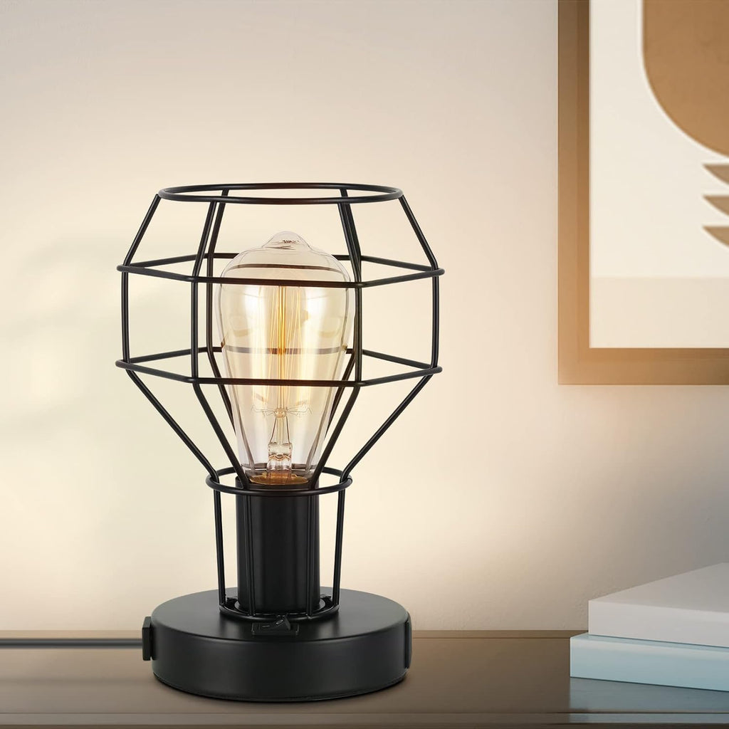 Black Industrial Table Lamp with USB Ports and AC Outlet J703117