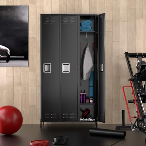 9 Door Metal Storage Cabinet with 27 Hooks and 9 Shelves, Black B811371