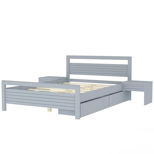 Queen Size Gray Wooden Platform Bed with 2 Storage Drawers and 2 Bedside Tables I5051