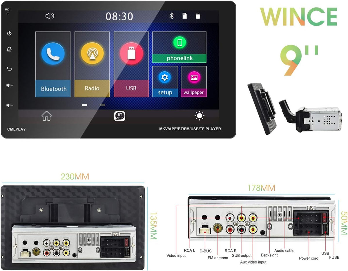 Single Din Car Stereo with 9 Inch Touch Screen and Backup Camera U10013