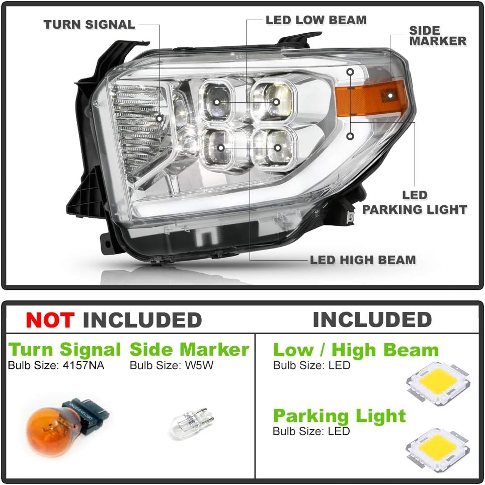 Chrome LED Quad Projector Headlights Headlamps for 2014-2017 Toyota Tundra SR SR5 J3514