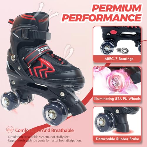 Adjustable Quad Roller Skates with Light Up Wheels, Black & Red E306