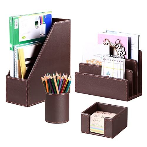 4 PCS Desk Accessories Set with Pencil Cup, Magazine File Holder, Letter Mail Sorter, Sticky Note Holder H593