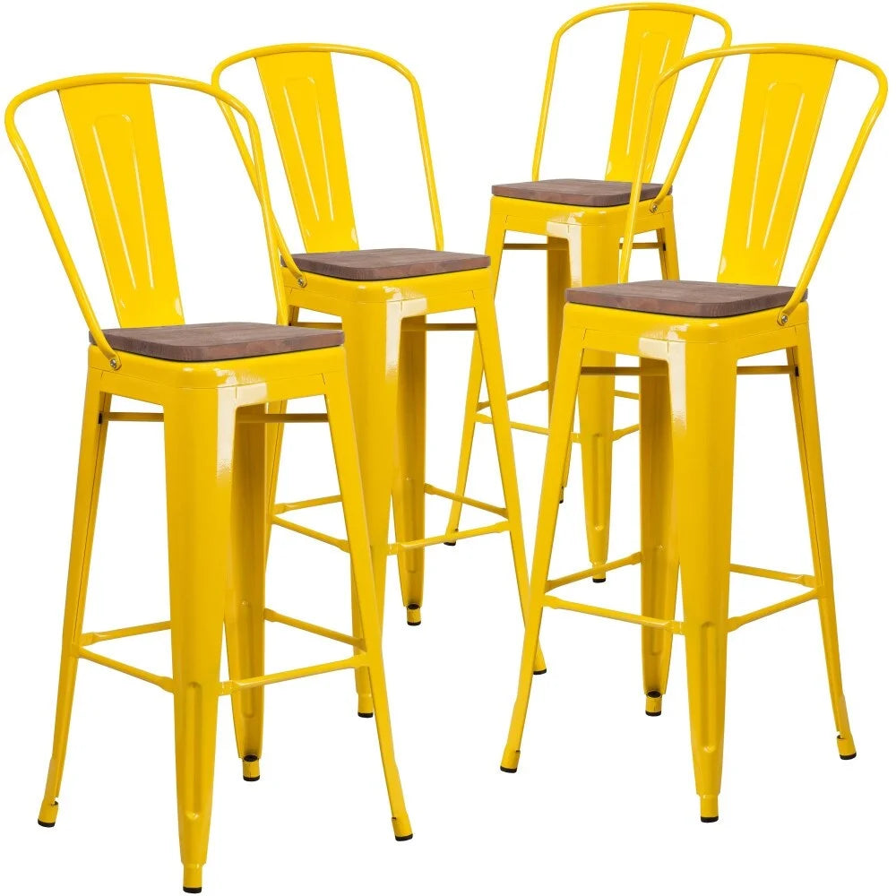4 Pack 30" High Metal Barstool with Back and Wood Seat Yellow Z7377