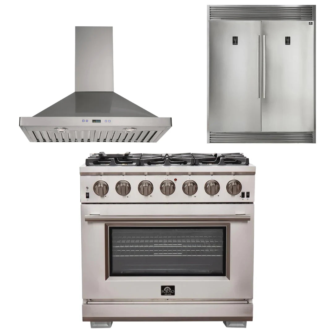 36 Inch Pro Gas Range, Wall Mount Range Hood, Refrigerator J508790