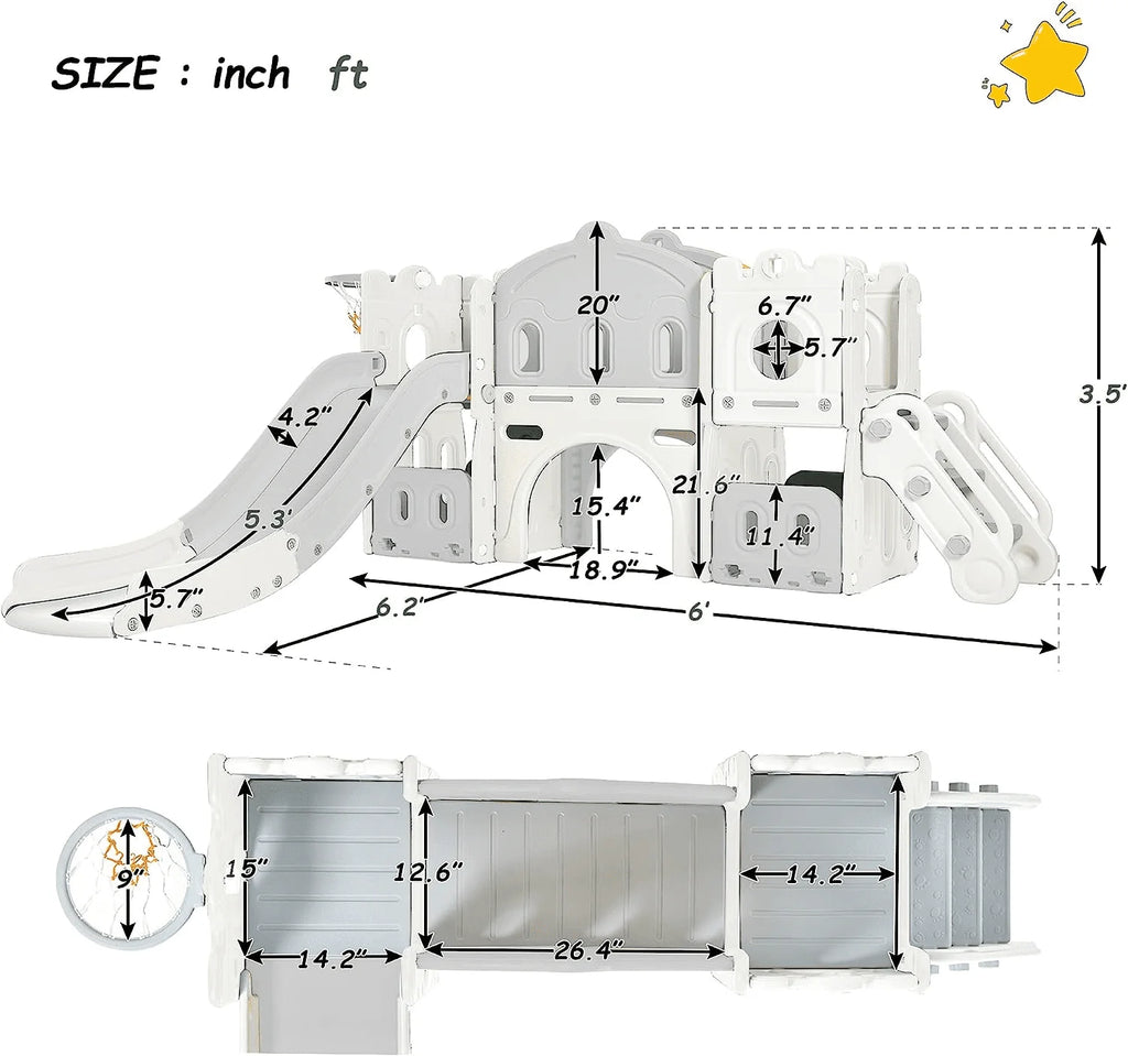 6 in 1 Kids Slide Set with Basketball Hoop and Tunnel, Green H7352