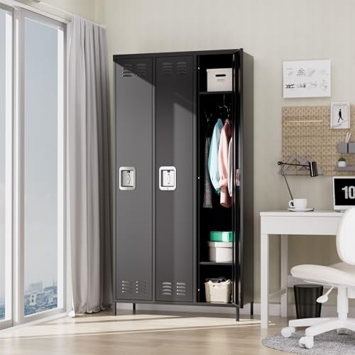 9 Door Metal Storage Cabinet with 27 Hooks and 9 Shelves, Black B811371