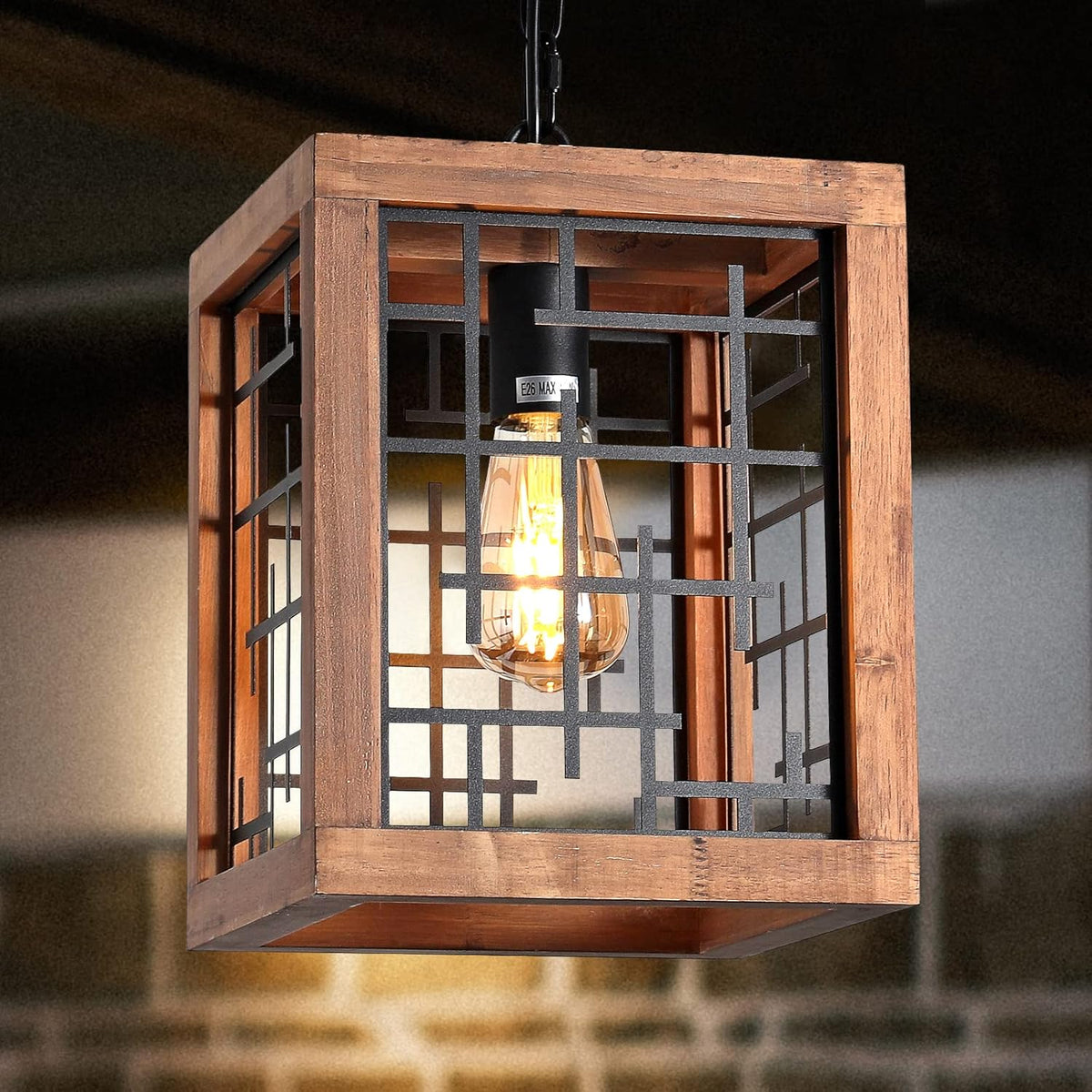 3-Lights Wood Chandelier with Cage Shade K3655