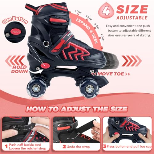 Adjustable Quad Roller Skates with Light Up Wheels, Black & Red E306
