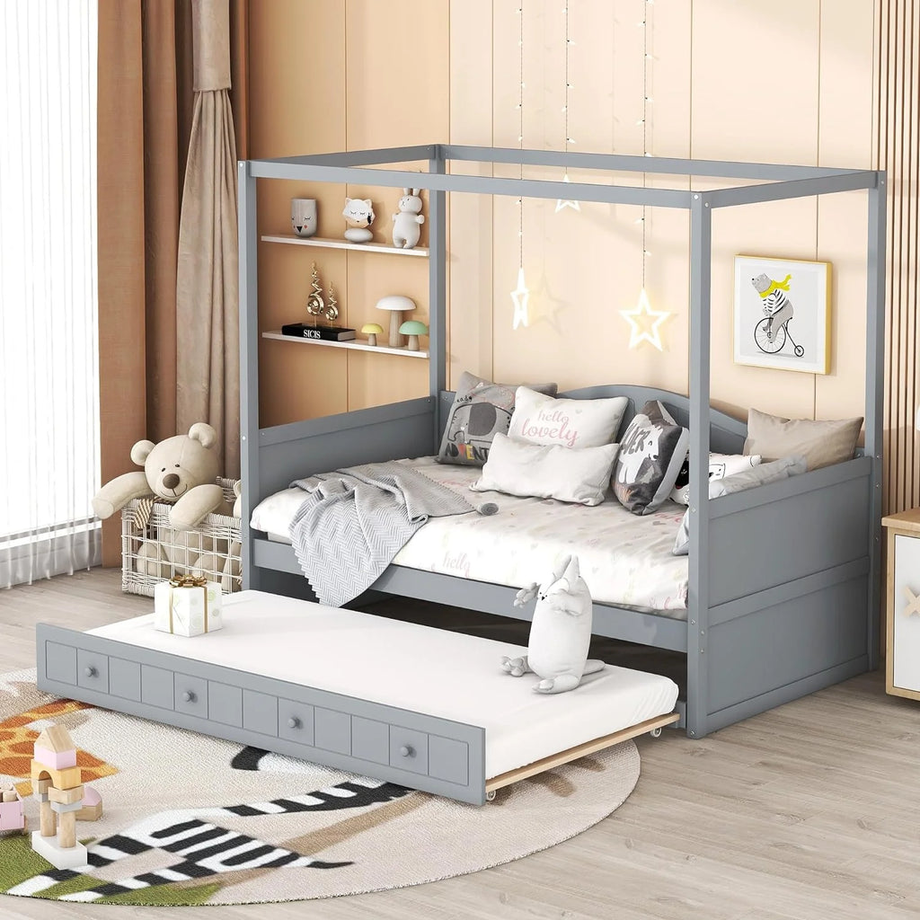 Gray Wooden Canopy Bed with Trundle F619