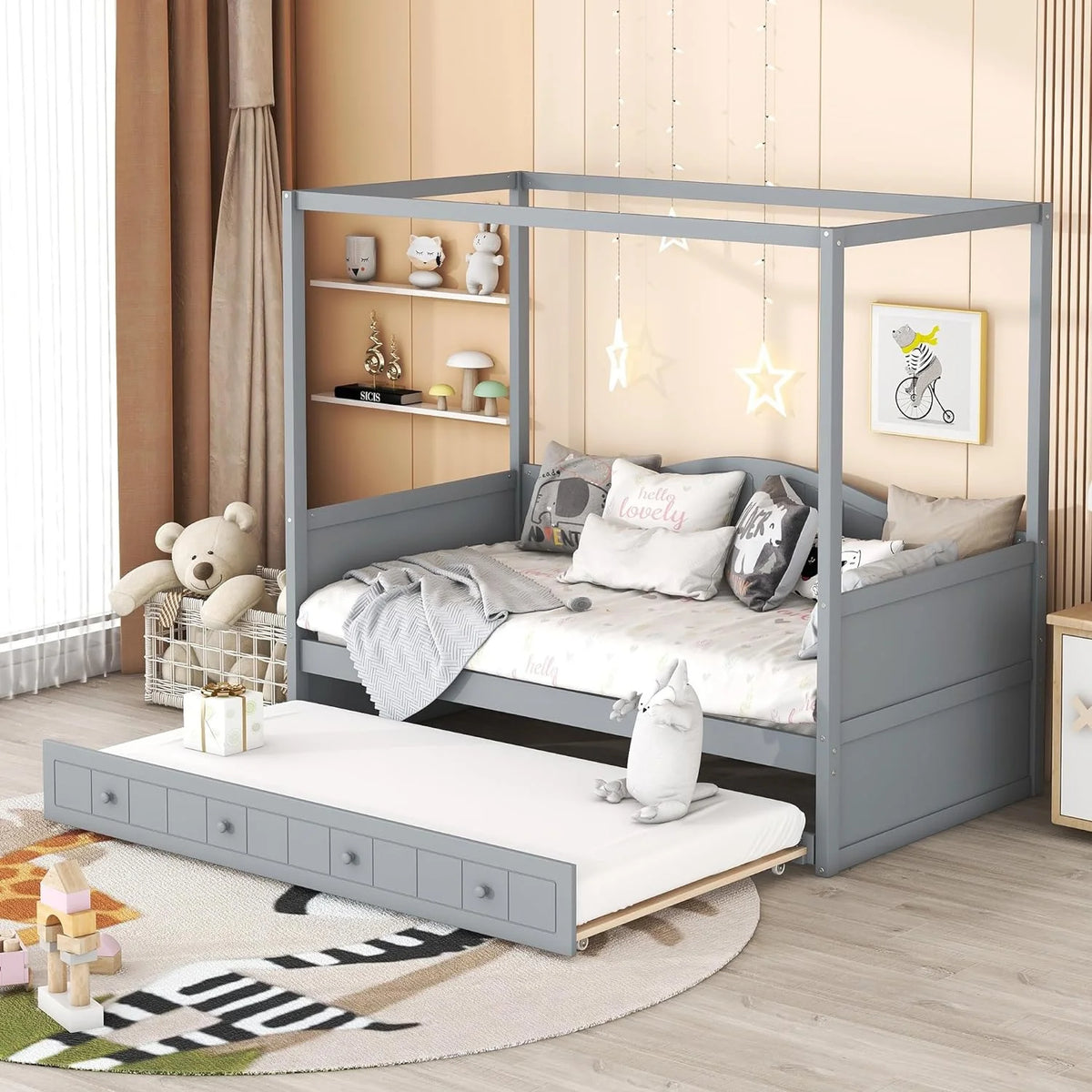 Gray Wooden Canopy Bed with Trundle F619