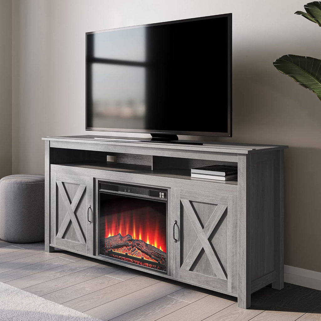 Dark Walnut Barn Door Wood Electric Fireplace TV Stand T6886