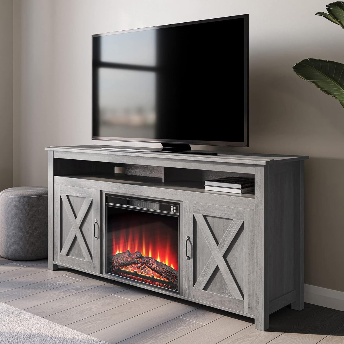 Dark Walnut Barn Door Wood Electric Fireplace TV Stand T6886