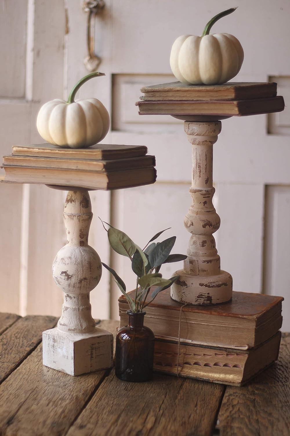 Antique White Wooden Candle Holders Set of 2 L4745