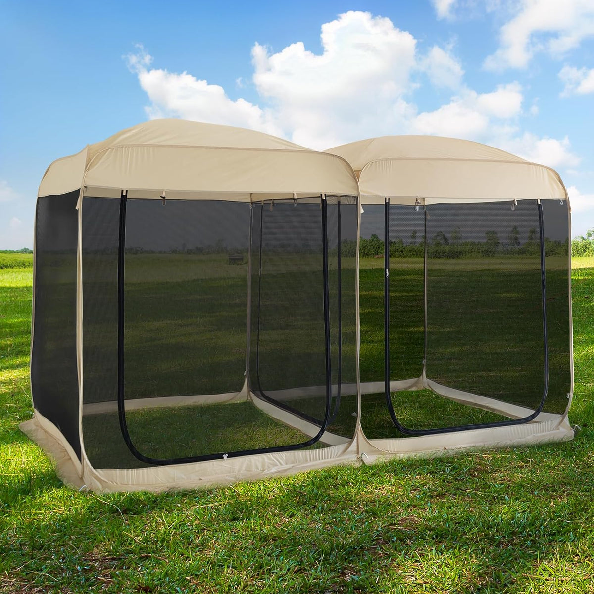 Beige 12' x 7.5' Pop Up Screen Tent Gazebo with Mesh Mosquito Netting Z59155