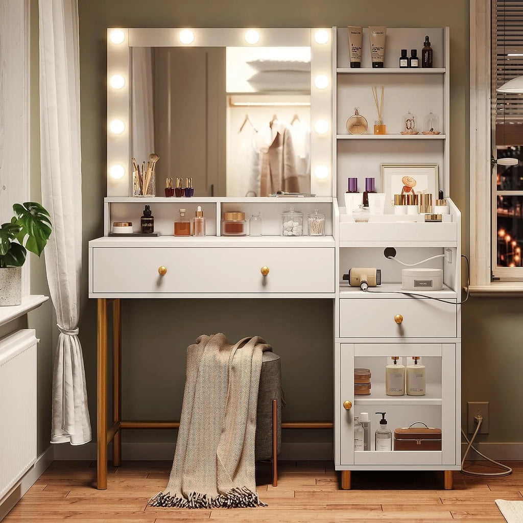 White Vanity Desk with Mirror and Lights and Drawers A317