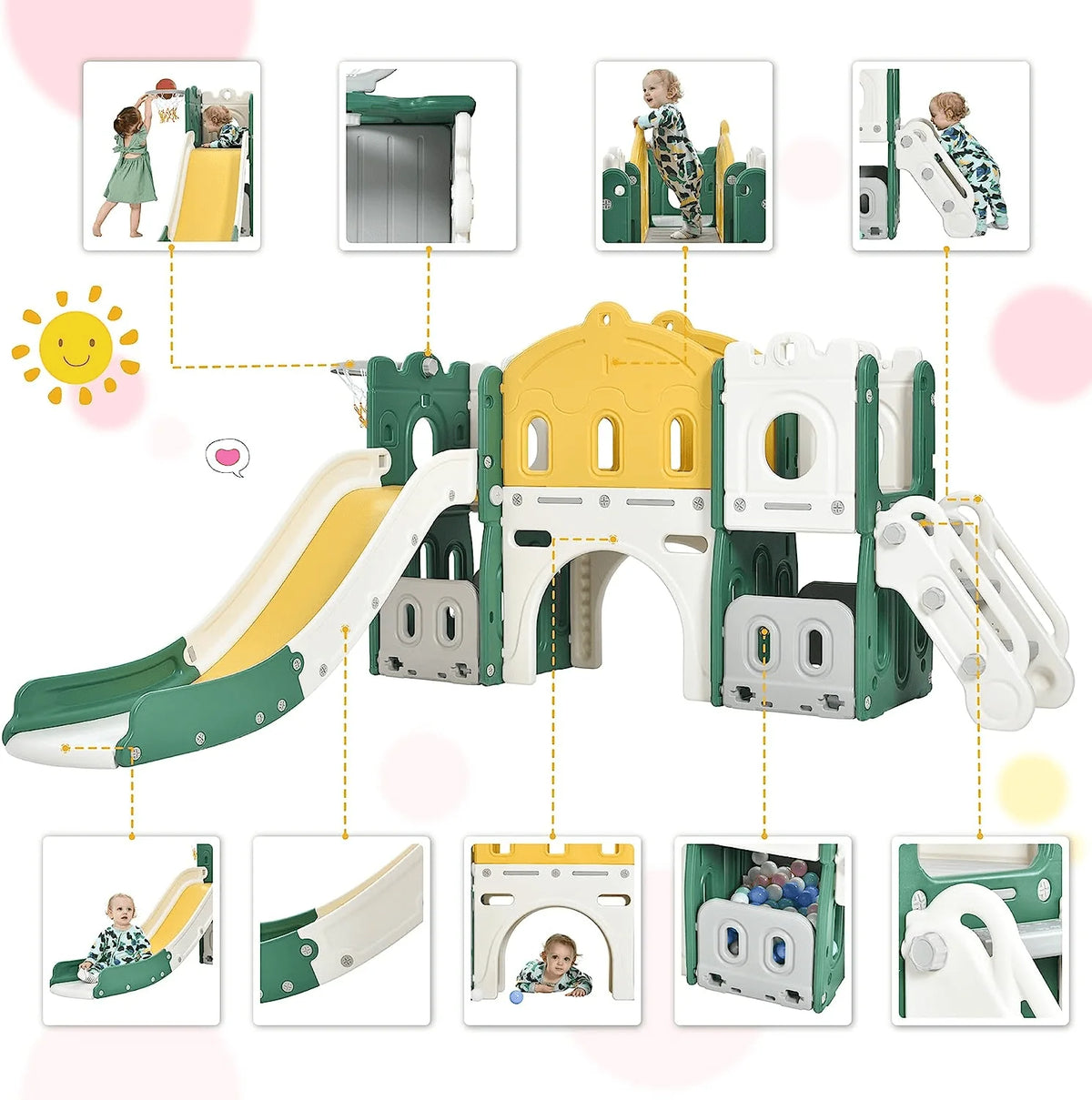 6 in 1 Kids Slide Set with Basketball Hoop and Tunnel, Green H7352