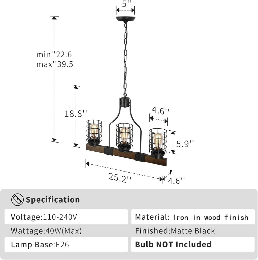 3-Lights Wood Chandelier with Cage Shade K3655