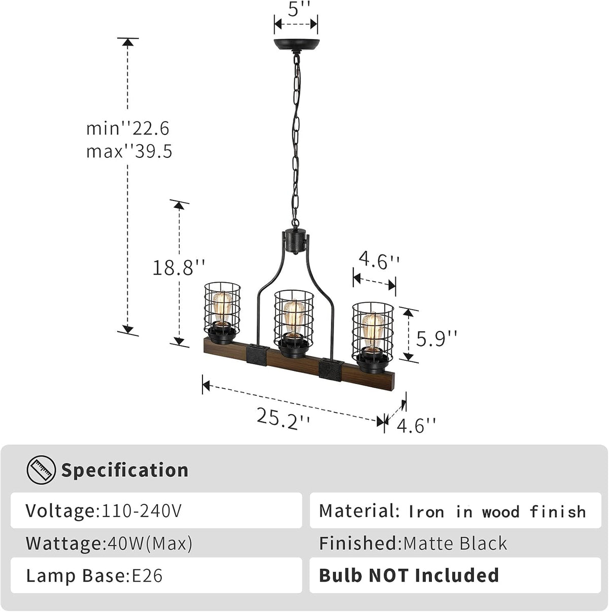 3-Lights Wood Chandelier with Cage Shade K3655