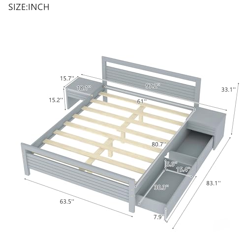 Queen Size Gray Wooden Platform Bed with 2 Storage Drawers and 2 Bedside Tables I5051