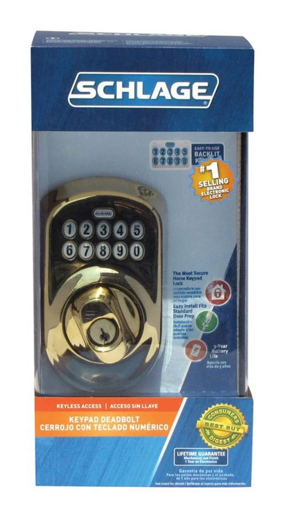 Bright Brass Steel Electronic Deadbolt I830