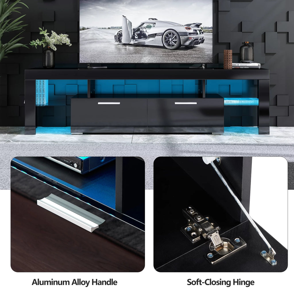 Black TV Stand with LED Lights and Storage Cabinets and Shelves A911327