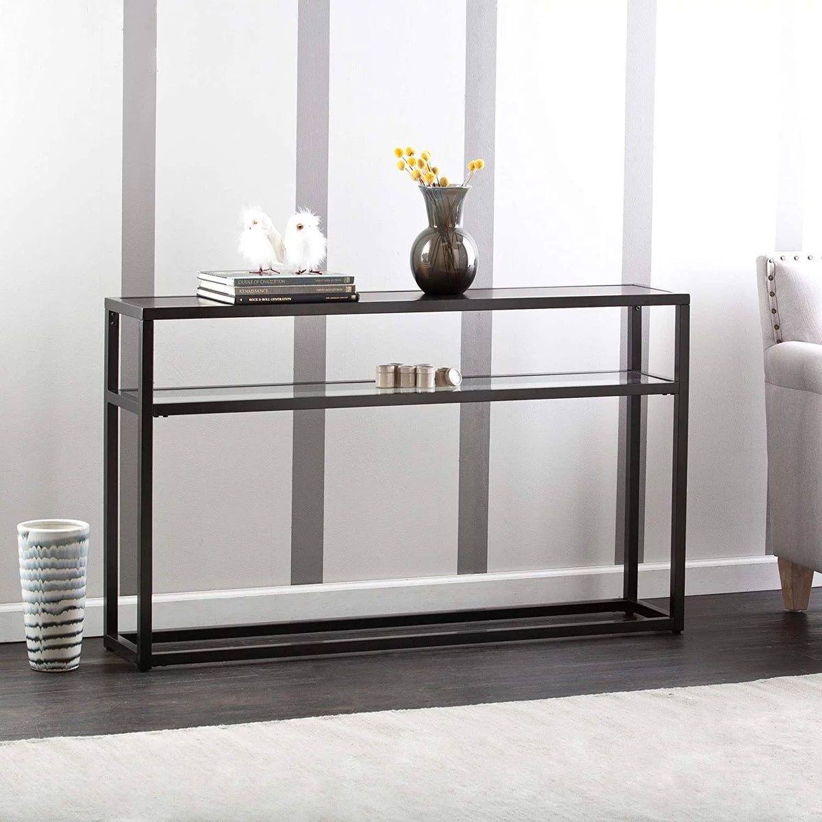Black Metal Console Table with Glass Shelf L690316