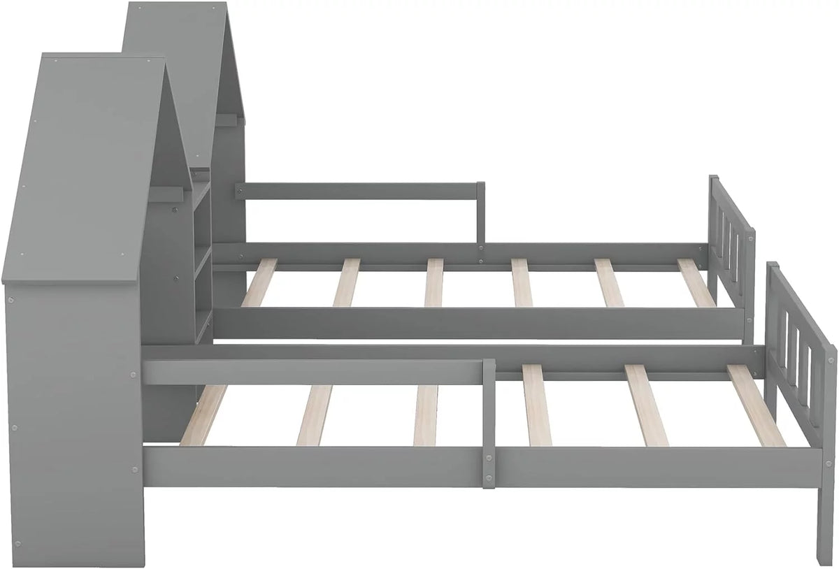 Double Size Platform Bed with House-Shaped Headboard and Built-In Nightstand, Grey C60532